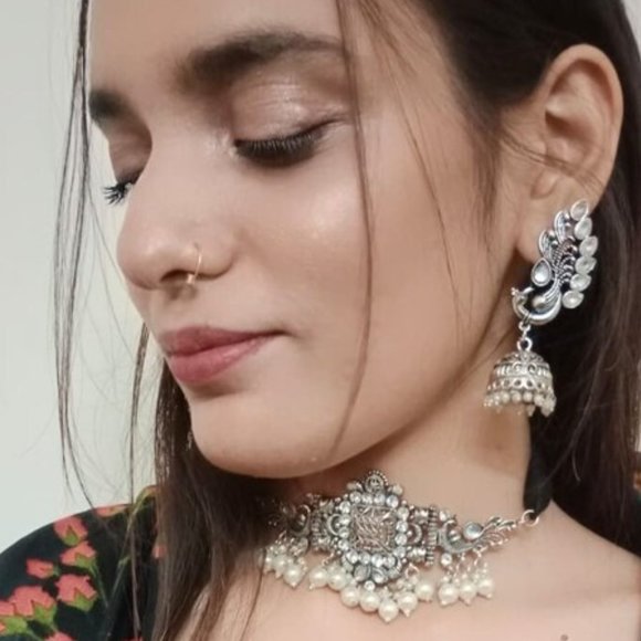 Silver Jewelry Set With Pearls Tribal Silver Tone Jewelry Set - Picture 1 of 10